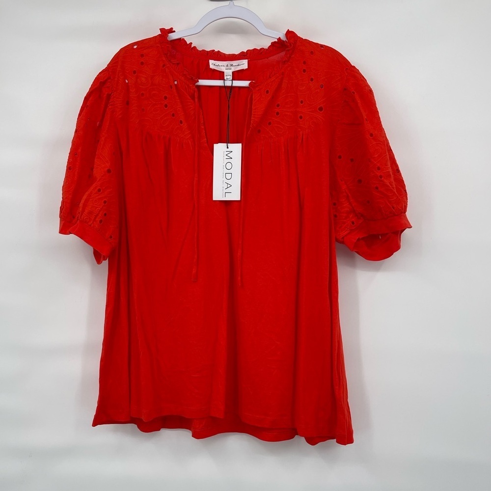 Chelsea and Theodore NWT Modal red eyelet puff sleeve blouse